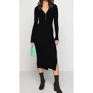 Abercrombie & Fitch Hook And Eye Ribbed Polo Midi Dress in Black. Size XST